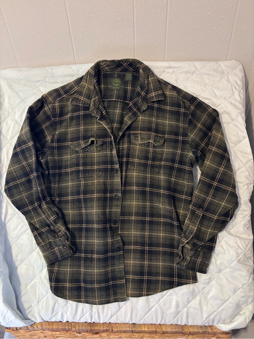 EUC Timberland Men's Olive Green Plaid Thick Button-Up Flannel